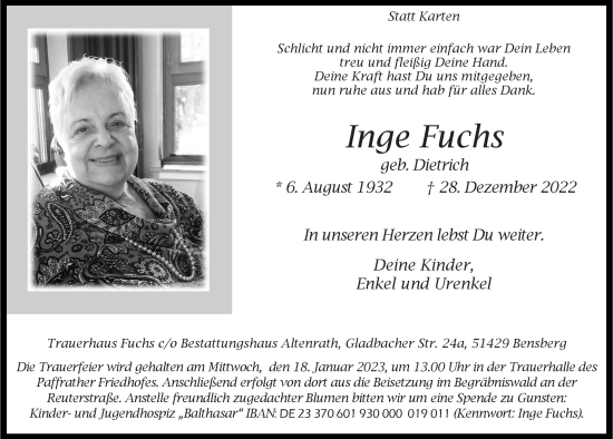 Anzeige von Inge Fuchs von  Bergisches Handelsblatt 