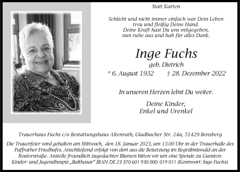  Traueranzeige für Inge Fuchs vom 06.01.2023 aus  Bergisches Handelsblatt 