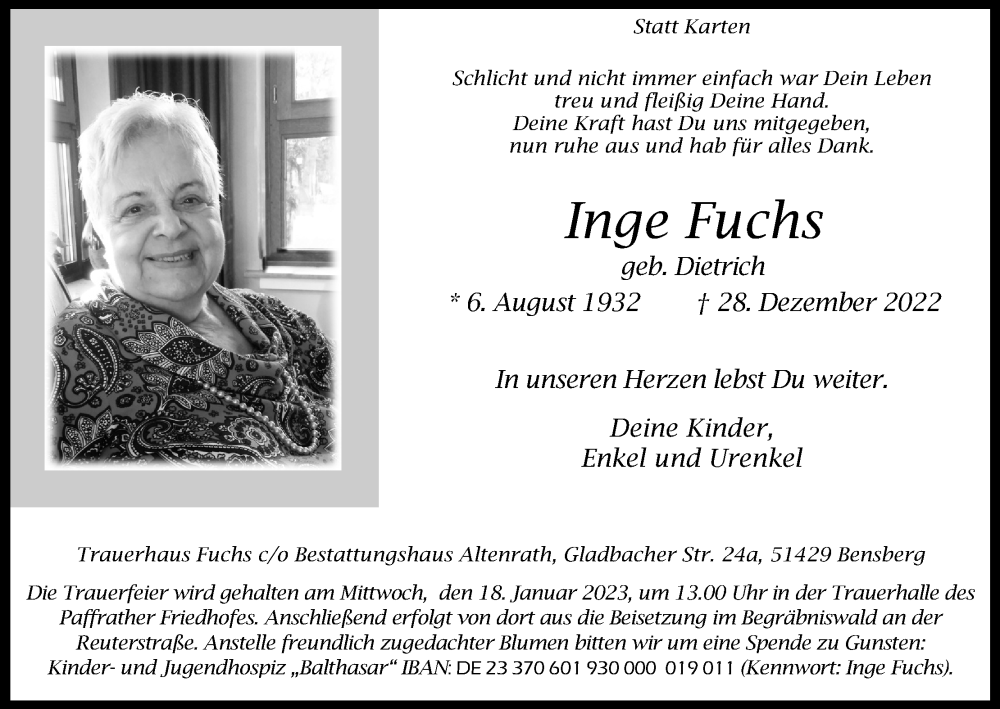  Traueranzeige für Inge Fuchs vom 07.01.2023 aus Kölner Stadt-Anzeiger / Kölnische Rundschau / Express