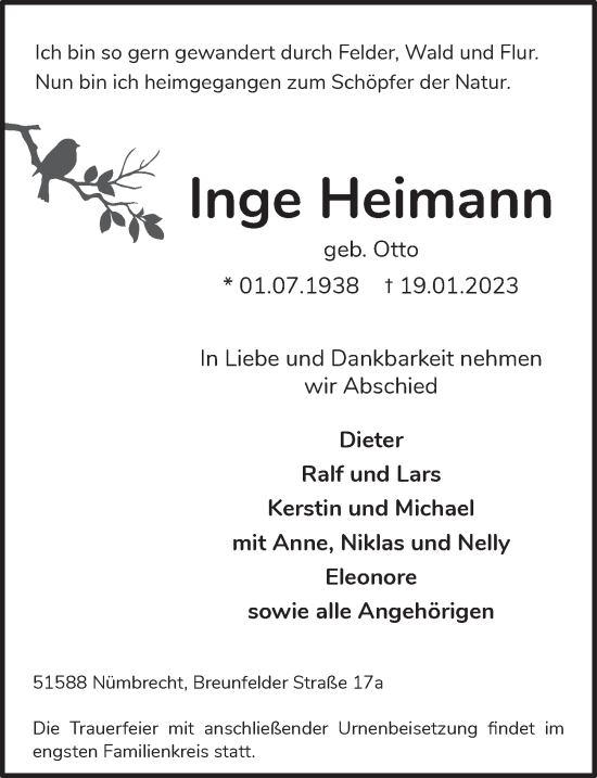 Anzeige von Inge Heimann von  Lokalanzeiger 