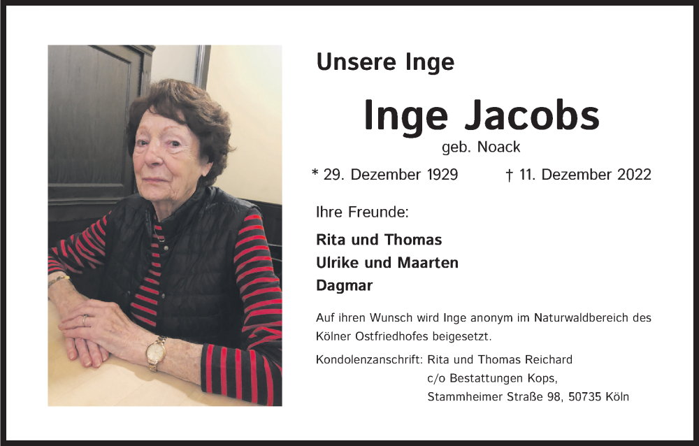  Traueranzeige für Inge Jacobs vom 14.01.2023 aus Kölner Stadt-Anzeiger / Kölnische Rundschau / Express