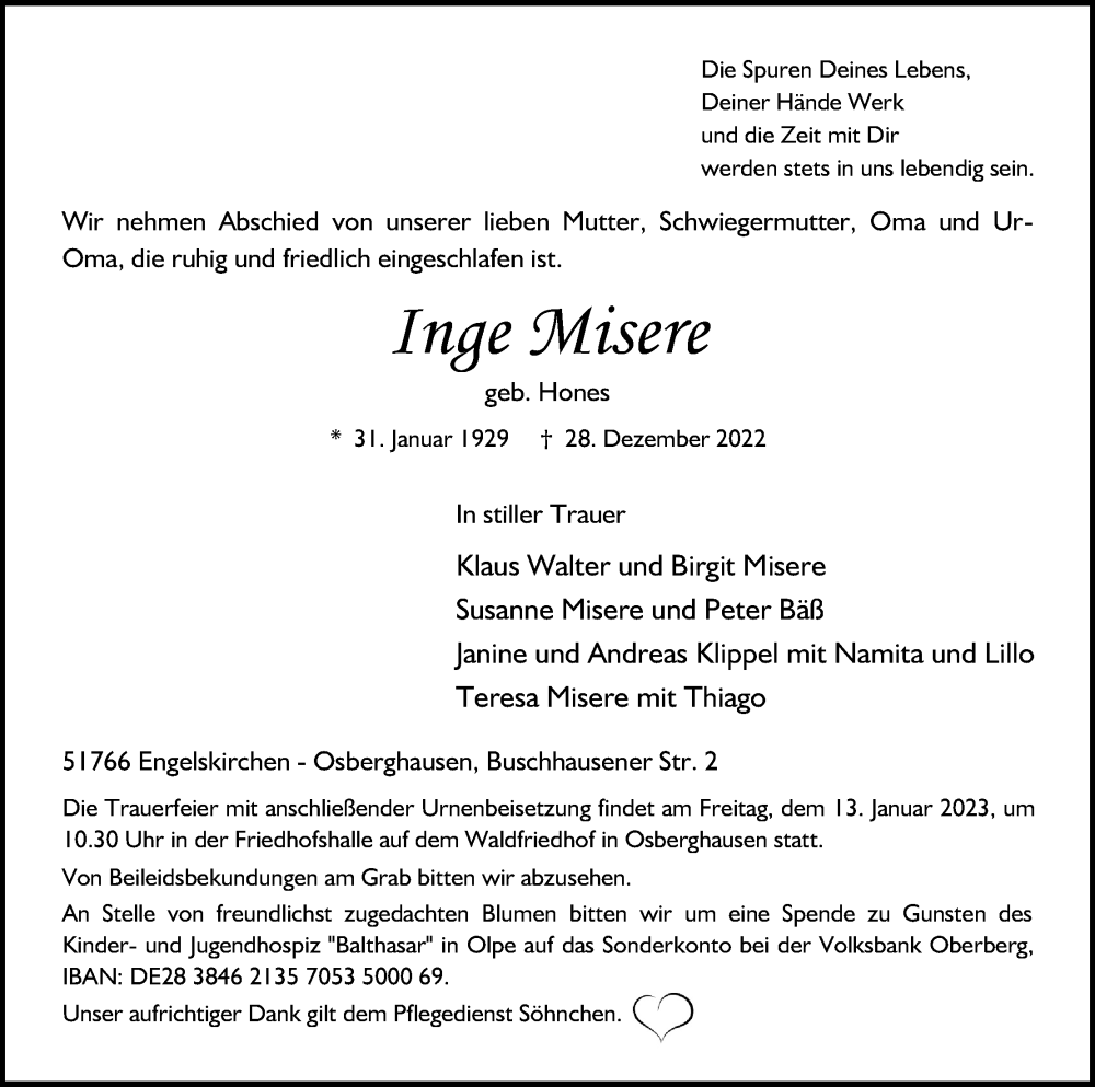  Traueranzeige für Inge Misere vom 06.01.2023 aus Kölner Stadt-Anzeiger / Kölnische Rundschau / Express
