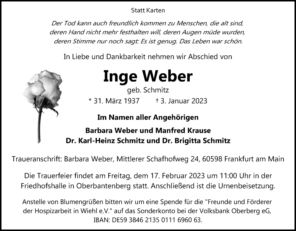 Traueranzeige für Inge Weber vom 14.01.2023 aus Kölner Stadt-Anzeiger / Kölnische Rundschau / Express