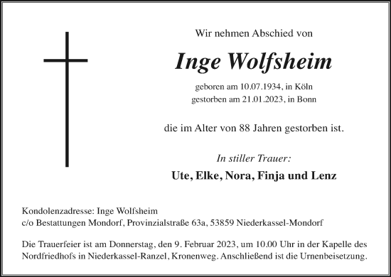Anzeige von Inge Wolfsheim von Kölner Stadt-Anzeiger / Kölnische Rundschau / Express