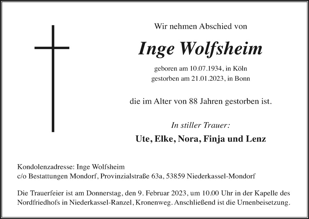  Traueranzeige für Inge Wolfsheim vom 28.01.2023 aus Kölner Stadt-Anzeiger / Kölnische Rundschau / Express