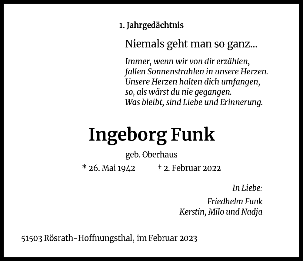  Traueranzeige für Ingeborg Funk vom 28.01.2023 aus Kölner Stadt-Anzeiger / Kölnische Rundschau / Express