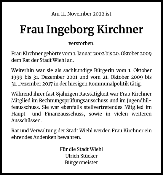 Anzeige von Ingeborg Kirchner von Kölner Stadt-Anzeiger / Kölnische Rundschau / Express