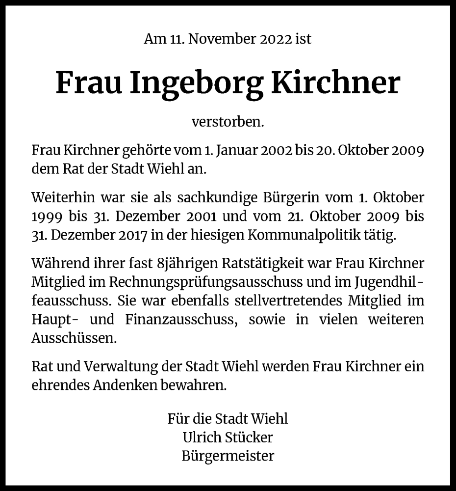 Traueranzeige für Ingeborg Kirchner vom 14.01.2023 aus Kölner Stadt-Anzeiger / Kölnische Rundschau / Express
