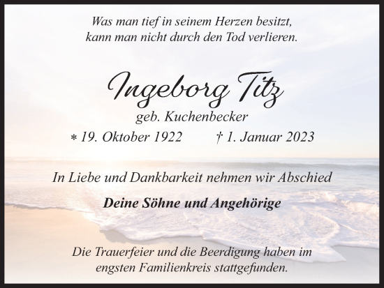 Anzeige von Ingeborg Titz von Kölner Stadt-Anzeiger / Kölnische Rundschau / Express