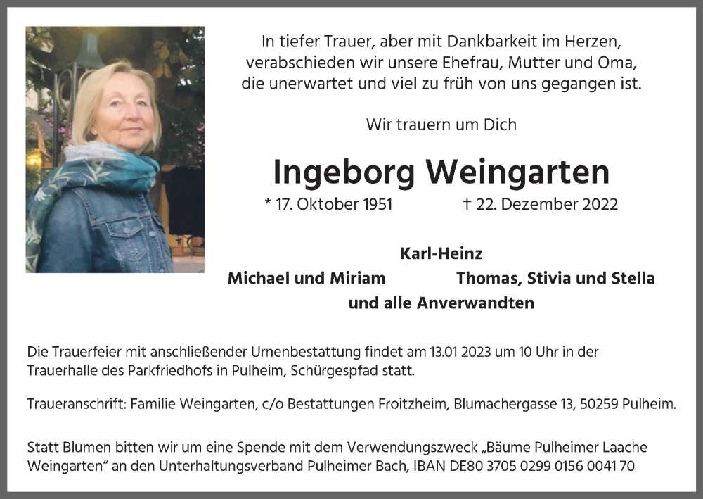  Traueranzeige für Ingeborg Weingarten vom 07.01.2023 aus Kölner Stadt-Anzeiger / Kölnische Rundschau / Express
