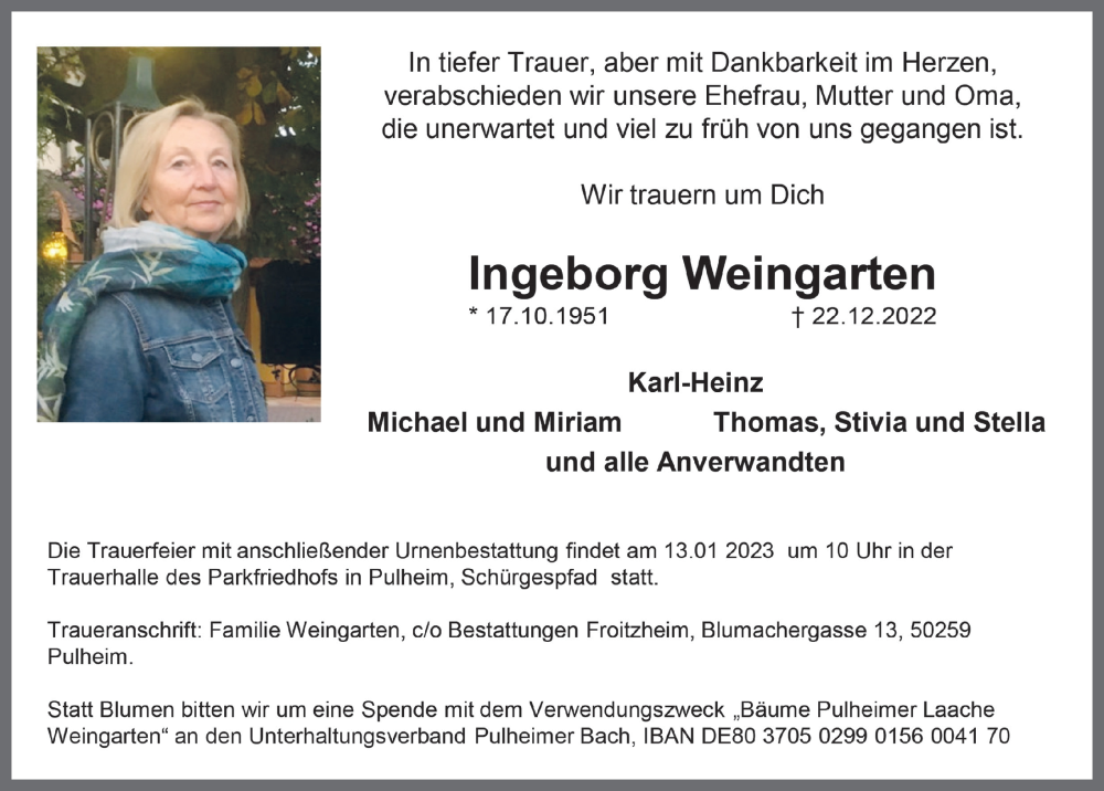  Traueranzeige für Ingeborg Weingarten vom 06.01.2023 aus  Wochenende 