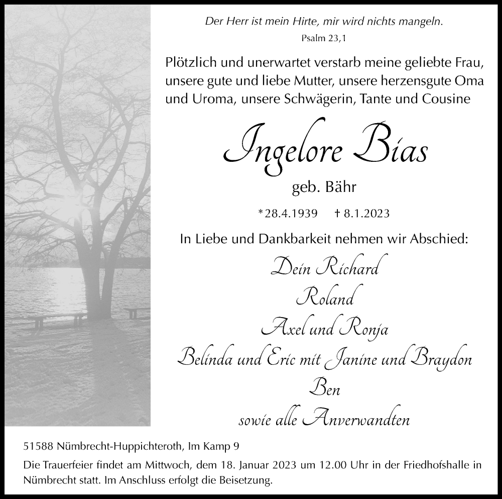  Traueranzeige für Ingelore Bias vom 13.01.2023 aus Kölner Stadt-Anzeiger / Kölnische Rundschau / Express