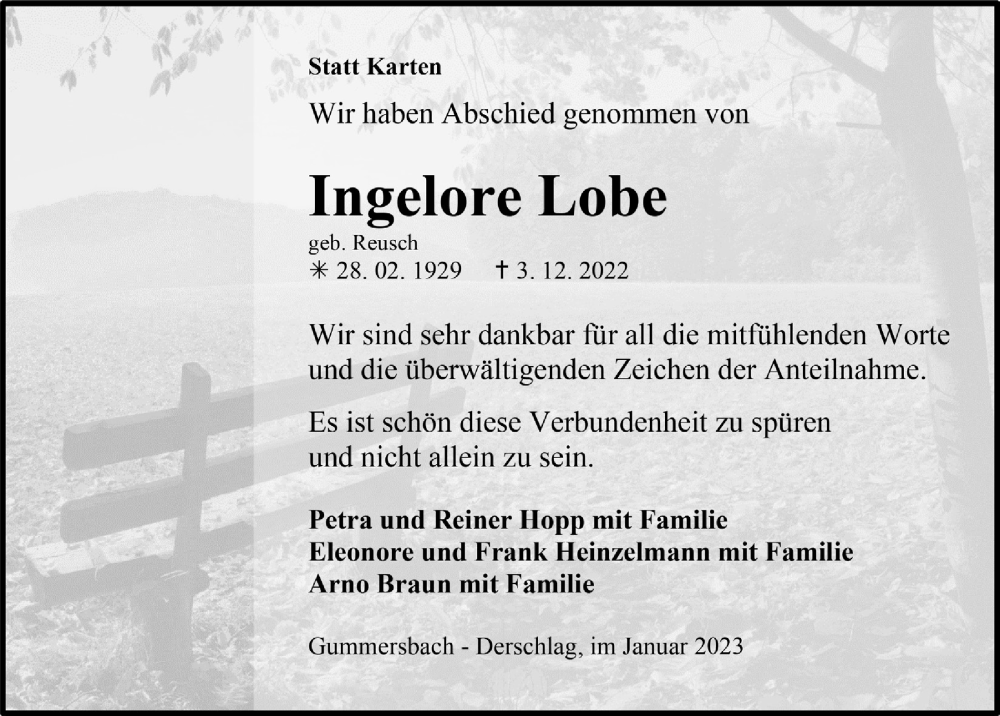  Traueranzeige für Ingelore Lobe vom 27.01.2023 aus  Anzeigen Echo 