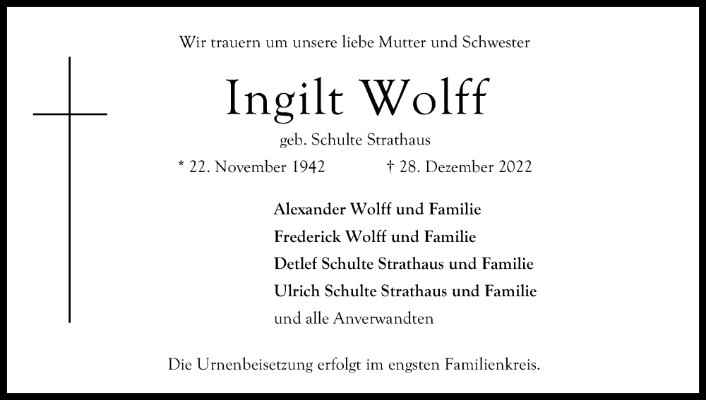  Traueranzeige für Ingilt Wolff vom 14.01.2023 aus Kölner Stadt-Anzeiger / Kölnische Rundschau / Express