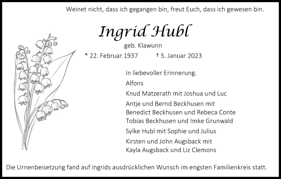 Anzeige von Ingrid Hubl von Kölner Stadt-Anzeiger / Kölnische Rundschau / Express