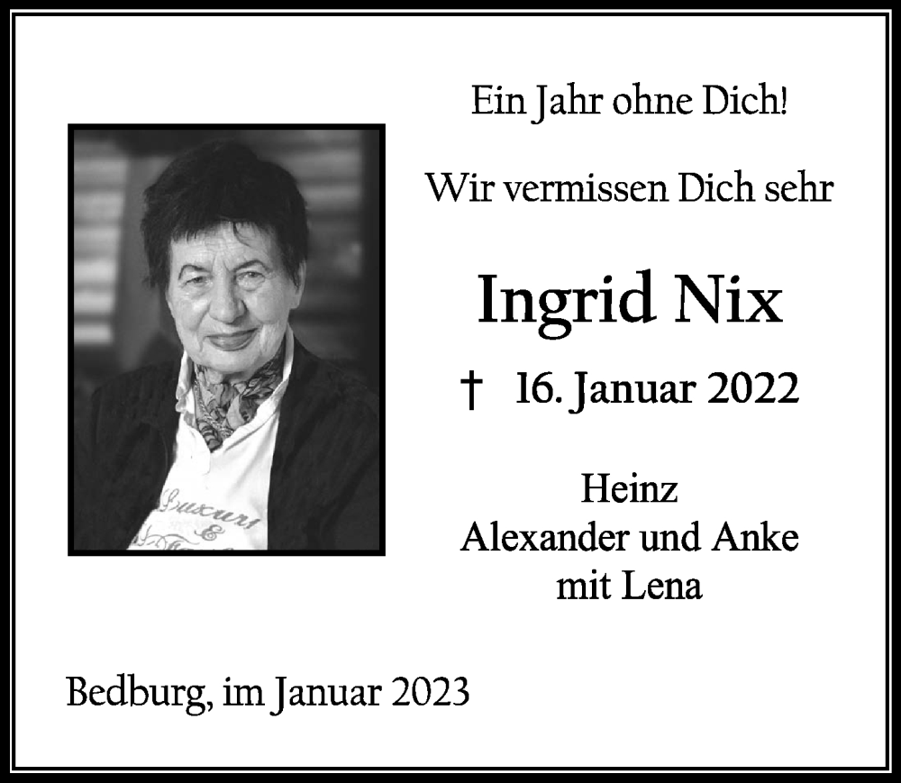  Traueranzeige für Ingrid Nix vom 20.01.2023 aus  Werbepost 