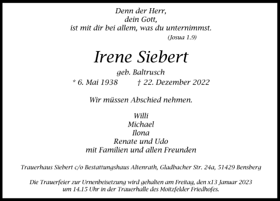 Anzeige von Irene Siebert von  Bergisches Handelsblatt 