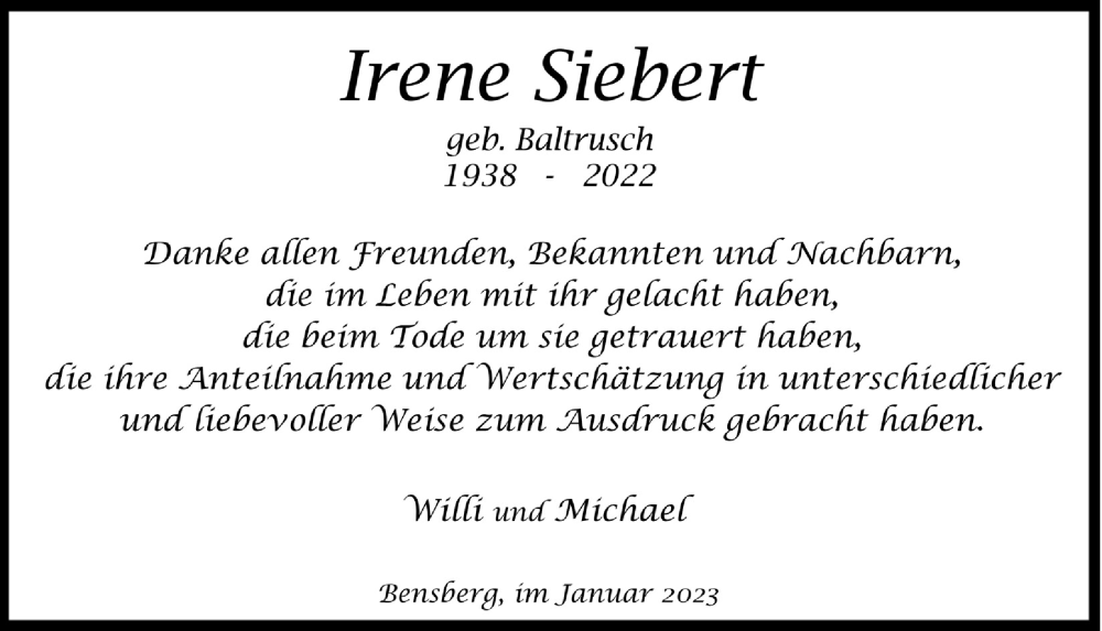  Traueranzeige für Irene Siebert vom 20.01.2023 aus  Bergisches Handelsblatt 