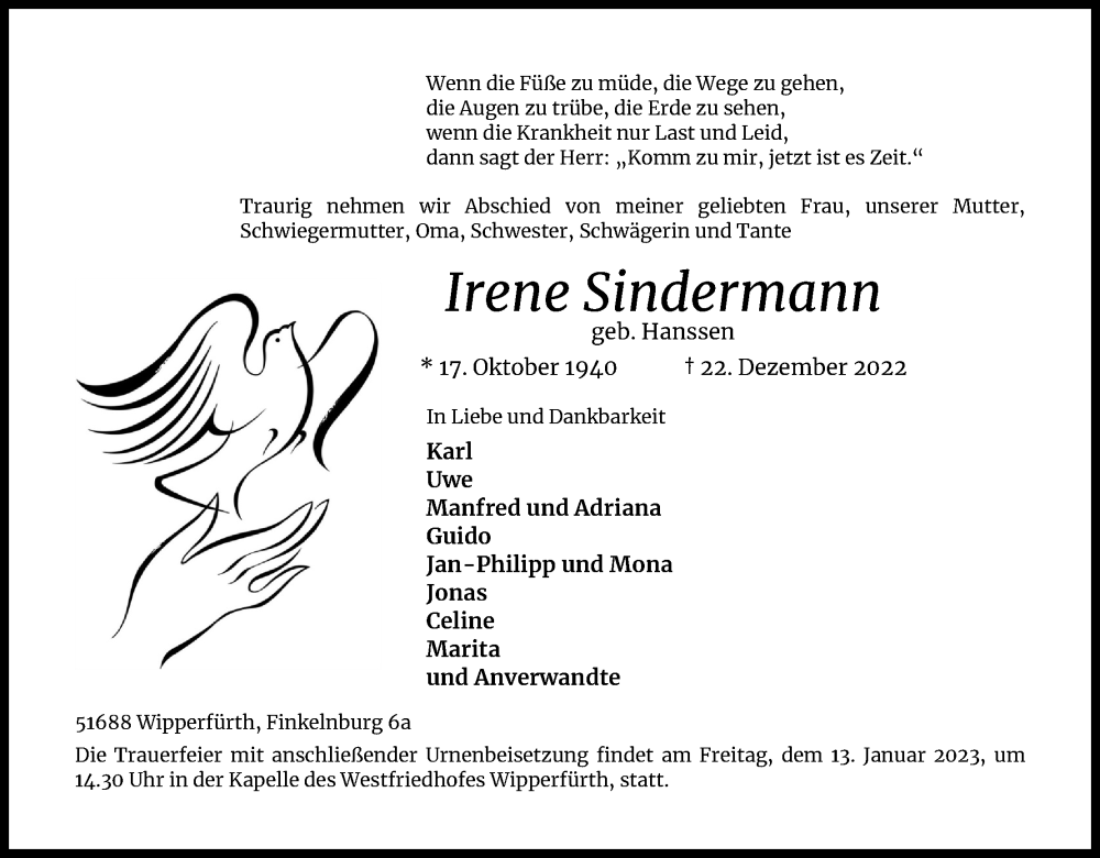  Traueranzeige für Irene Sindermann vom 07.01.2023 aus Kölner Stadt-Anzeiger / Kölnische Rundschau / Express