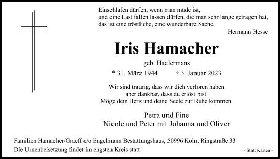 Anzeige von Iris Hamacher von Kölner Stadt-Anzeiger / Kölnische Rundschau / Express