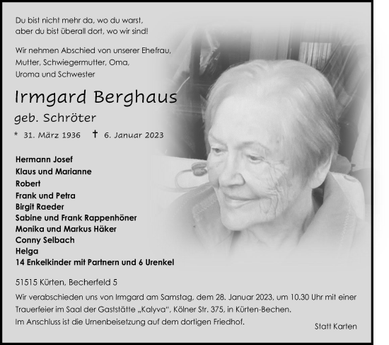 Anzeige von Irmgard Berghaus von Kölner Stadt-Anzeiger / Kölnische Rundschau / Express