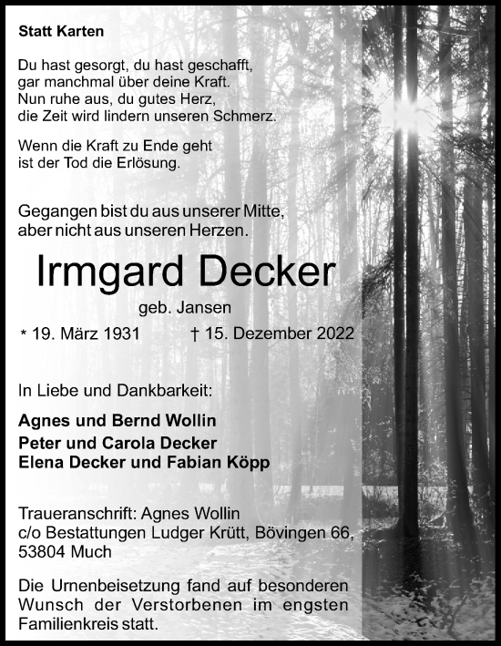 Anzeige von Irmgard Decker von Kölner Stadt-Anzeiger / Kölnische Rundschau / Express