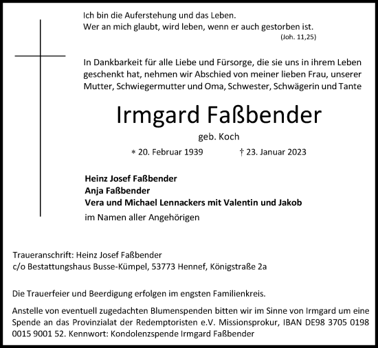 Anzeige von Irmgard Faßbender von Kölner Stadt-Anzeiger / Kölnische Rundschau / Express