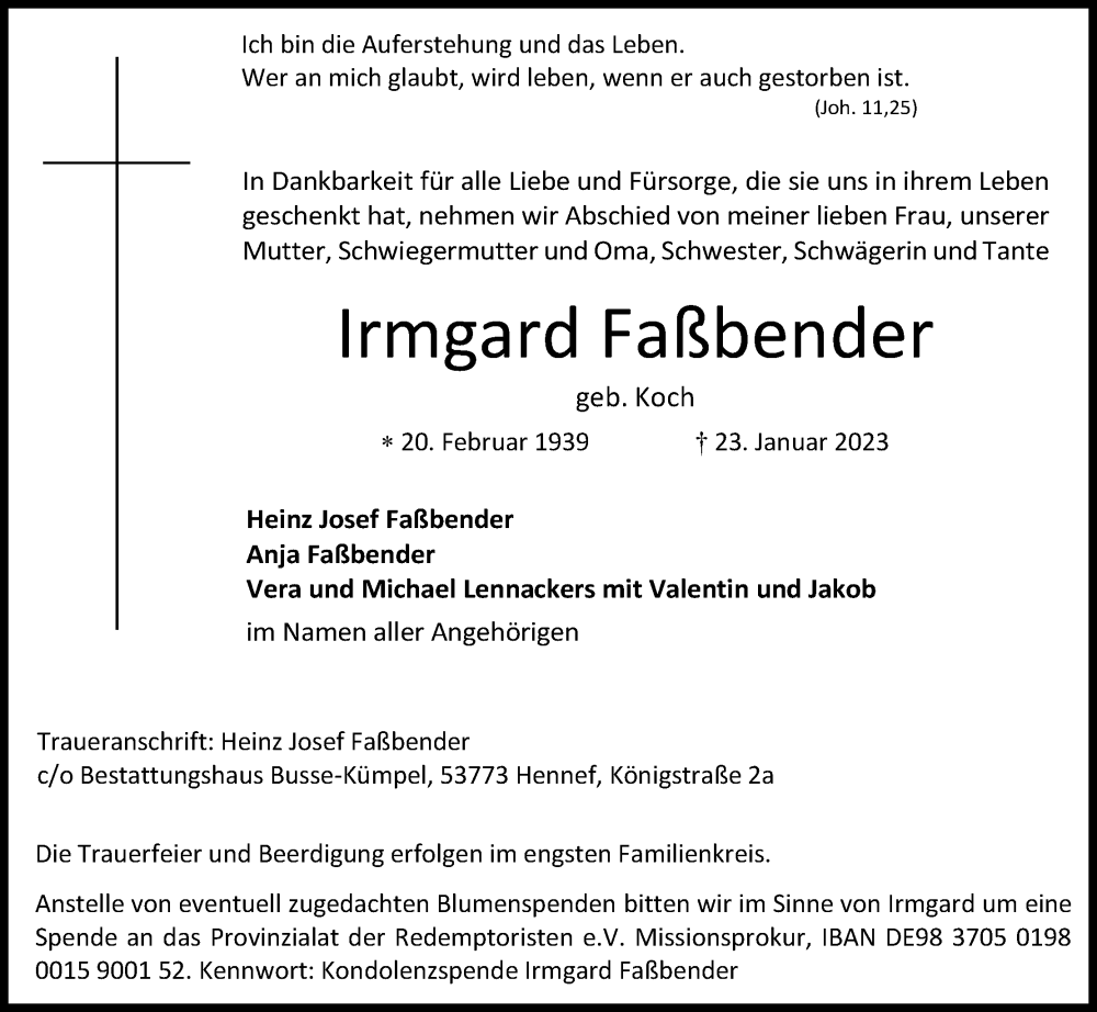  Traueranzeige für Irmgard Faßbender vom 28.01.2023 aus Kölner Stadt-Anzeiger / Kölnische Rundschau / Express