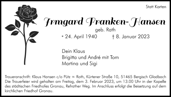 Anzeige von Irmgard Franken-Hansen von Kölner Stadt-Anzeiger / Kölnische Rundschau / Express