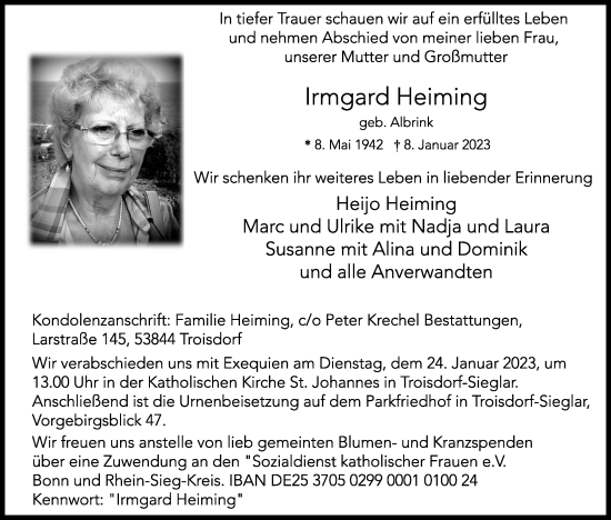 Anzeige von Irmgard Heiming von Kölner Stadt-Anzeiger / Kölnische Rundschau / Express