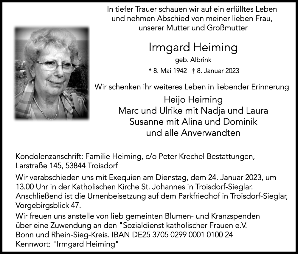  Traueranzeige für Irmgard Heiming vom 14.01.2023 aus Kölner Stadt-Anzeiger / Kölnische Rundschau / Express