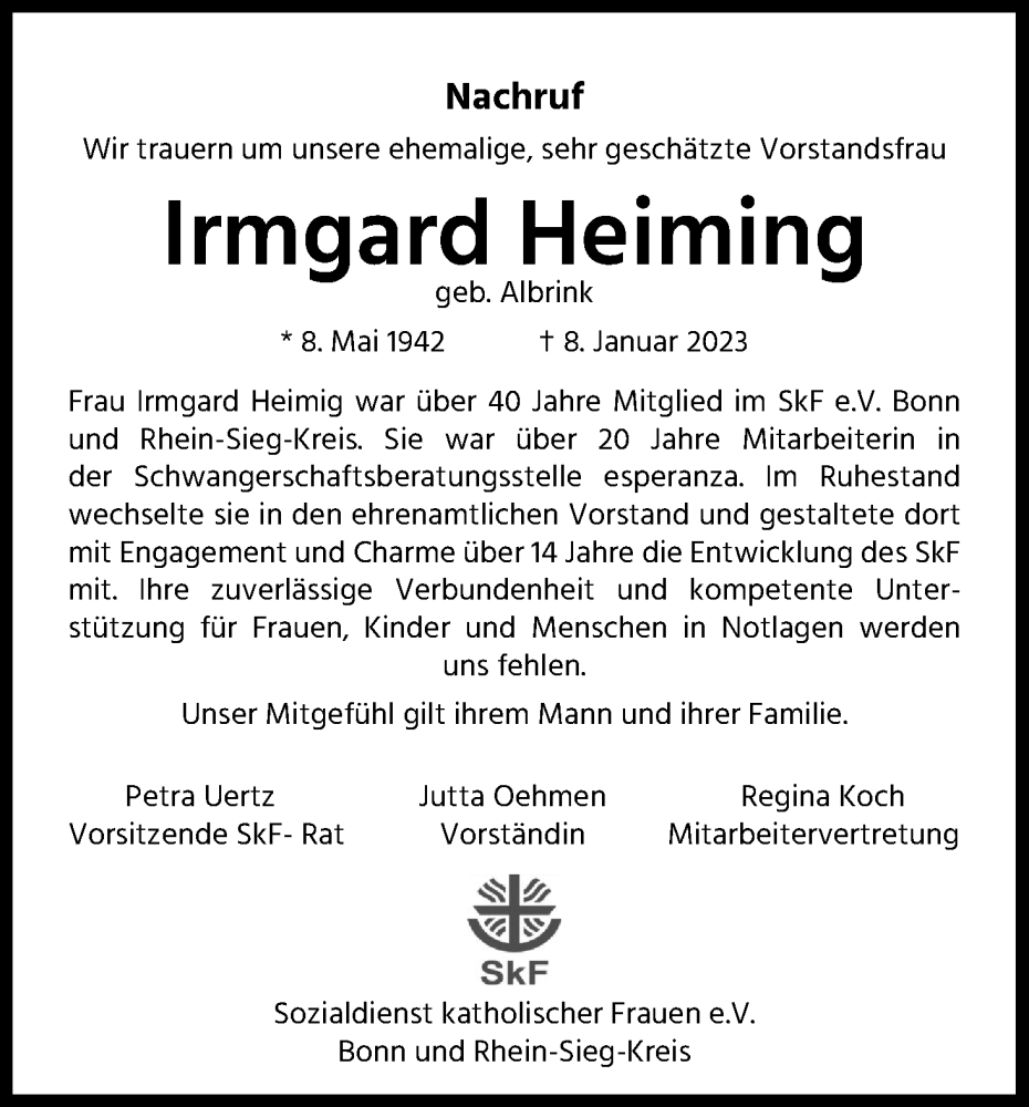  Traueranzeige für Irmgard Heiming vom 21.01.2023 aus Kölner Stadt-Anzeiger / Kölnische Rundschau / Express