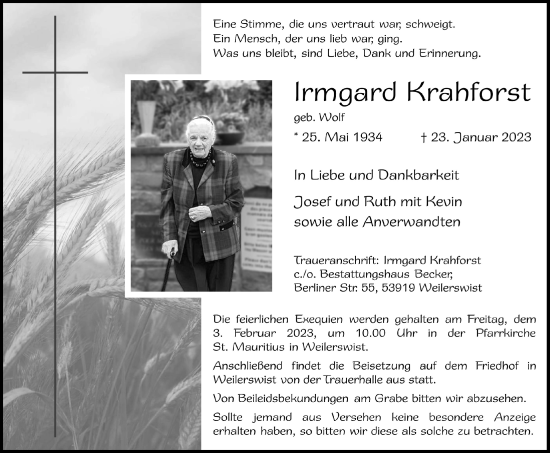 Anzeige von Irmgard Krahforst von  Blickpunkt Euskirchen 