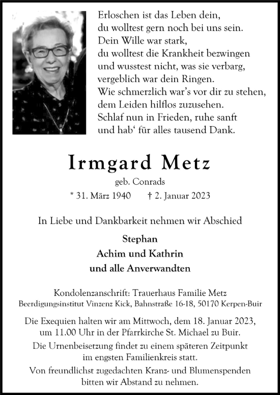 Anzeige von Irmgard Metz von  Werbepost 