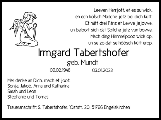 Anzeige von Irmgard Tabertshofer von Kölner Stadt-Anzeiger / Kölnische Rundschau / Express