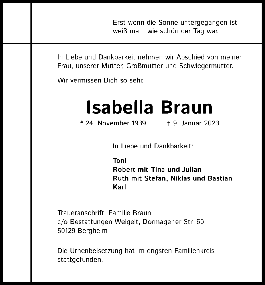  Traueranzeige für Isabella Braun vom 21.01.2023 aus Kölner Stadt-Anzeiger / Kölnische Rundschau / Express
