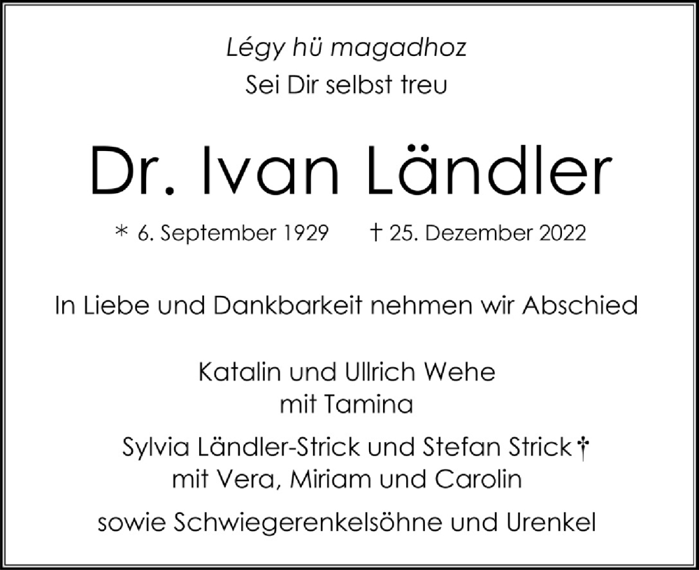  Traueranzeige für Ivan Ländler vom 06.01.2023 aus  Werbepost 