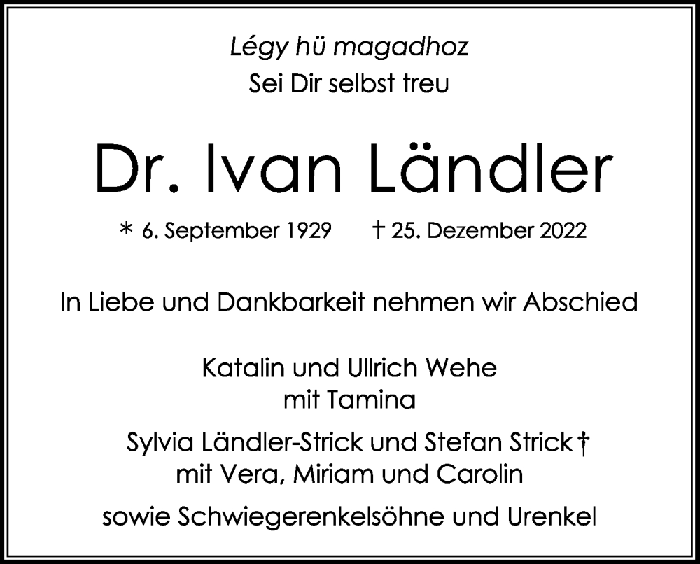  Traueranzeige für Ivan Ländler vom 07.01.2023 aus Kölner Stadt-Anzeiger / Kölnische Rundschau / Express