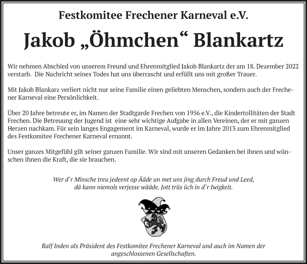  Traueranzeige für Jakob Blankartz vom 06.01.2023 aus  Wochenende 