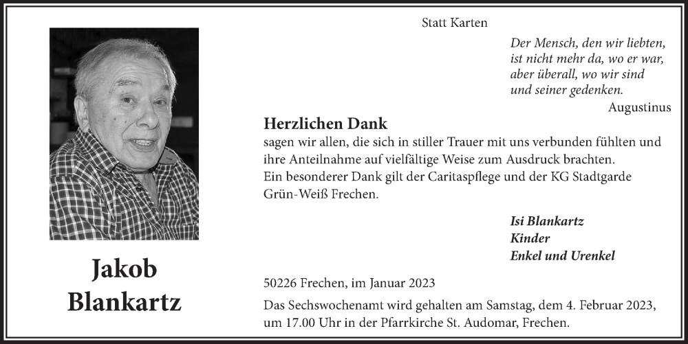  Traueranzeige für Jakob Blankartz vom 27.01.2023 aus  Wochenende 