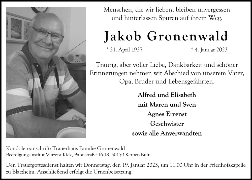  Traueranzeige für Jakob Gronenwald vom 13.01.2023 aus  Werbepost 
