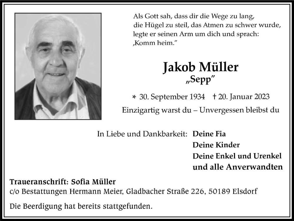  Traueranzeige für Jakob Müller vom 27.01.2023 aus  Werbepost 