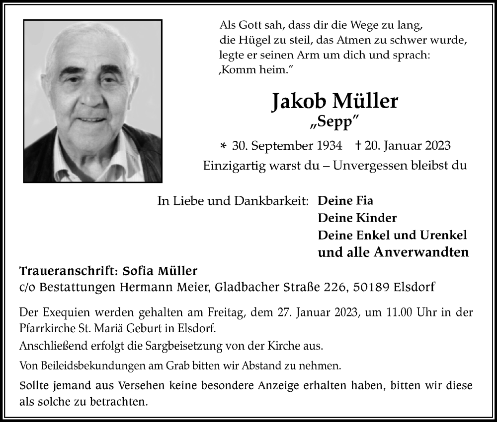  Traueranzeige für Jakob Müller vom 25.01.2023 aus Kölner Stadt-Anzeiger / Kölnische Rundschau / Express