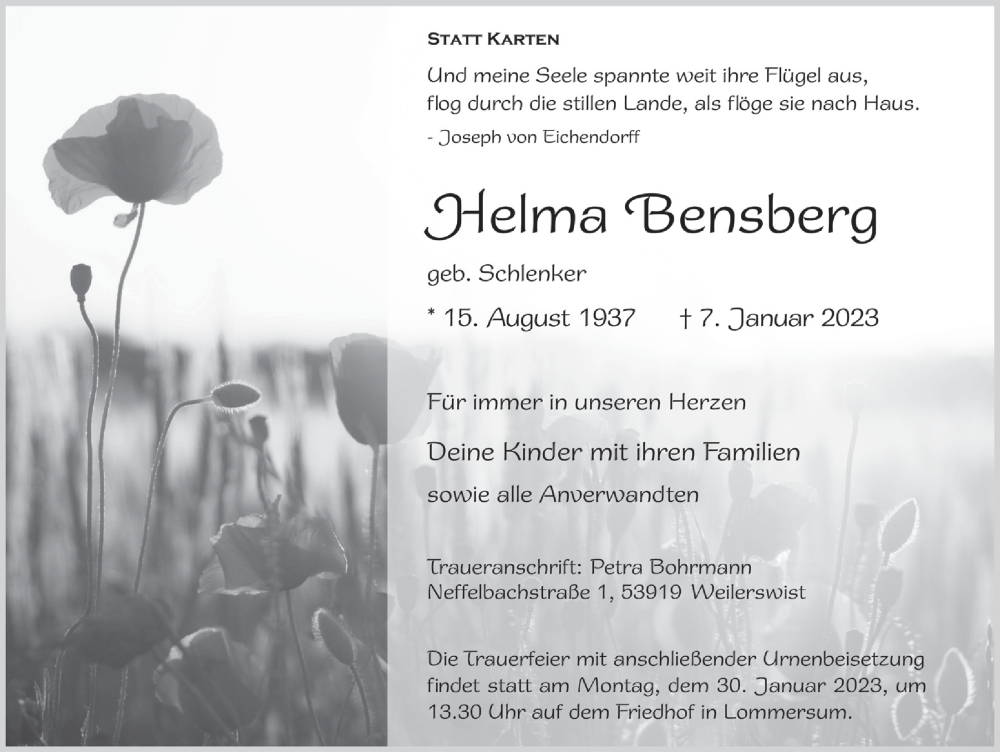  Traueranzeige für Jelma Bensberg vom 14.01.2023 aus  Blickpunkt Euskirchen 