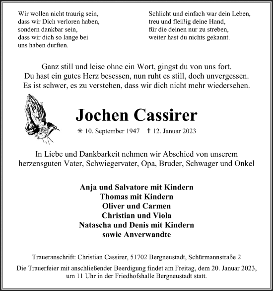 Anzeige von Jochen Cassirer von Kölner Stadt-Anzeiger / Kölnische Rundschau / Express