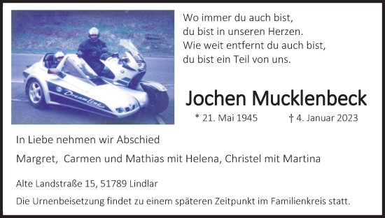 Anzeige von Jochen Mucklenbeck von Kölner Stadt-Anzeiger / Kölnische Rundschau / Express