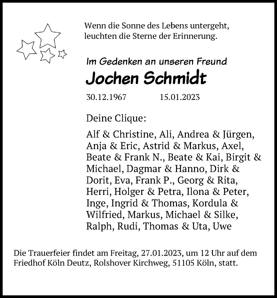 Traueranzeige für Jochen Schmidt vom 25.01.2023 aus Kölner Stadt-Anzeiger / Kölnische Rundschau / Express