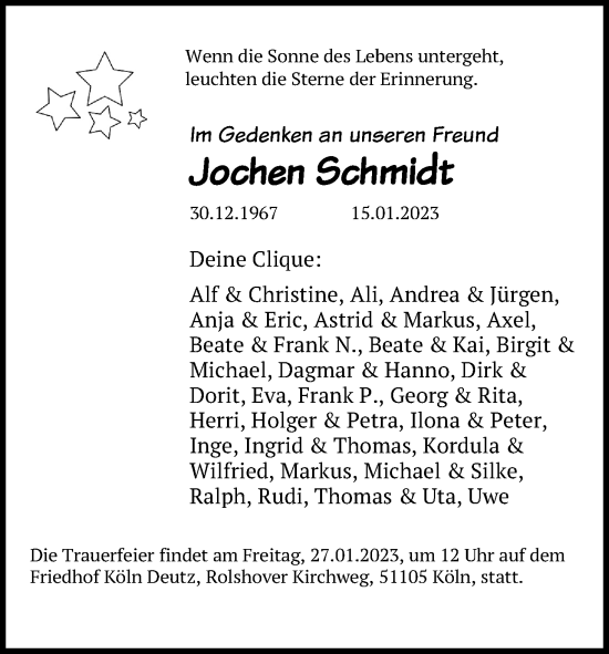 Anzeige von Jochen Schmidt von Kölner Stadt-Anzeiger / Kölnische Rundschau / Express