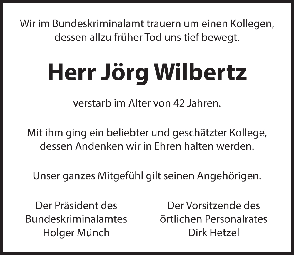  Traueranzeige für Jörg Wilbertz vom 13.01.2023 aus  Schaufenster/Blickpunkt 