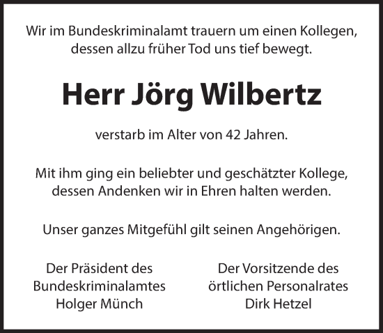 Anzeige von Jörg Wilbertz von  Schaufenster/Blickpunkt 